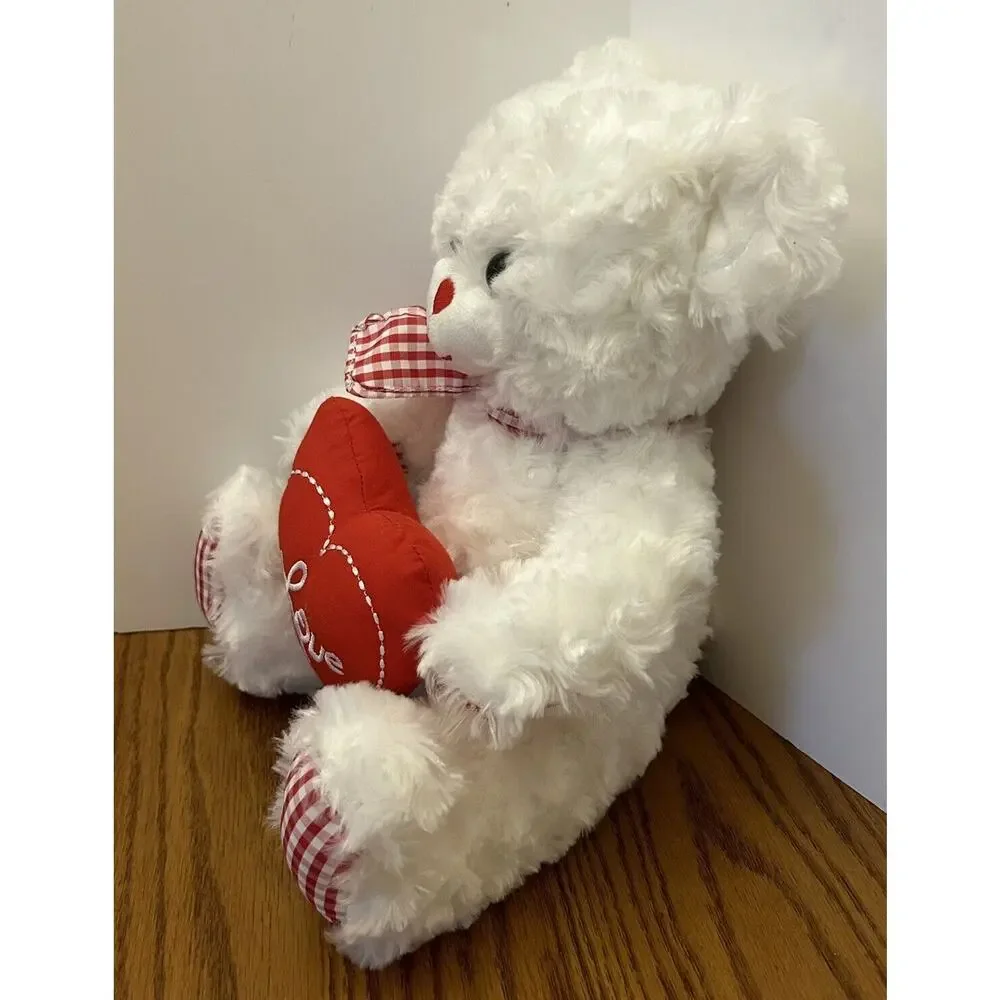 Burton + Burton White Plush Bear with Red Checked Accents Holding Heart 10 Inch